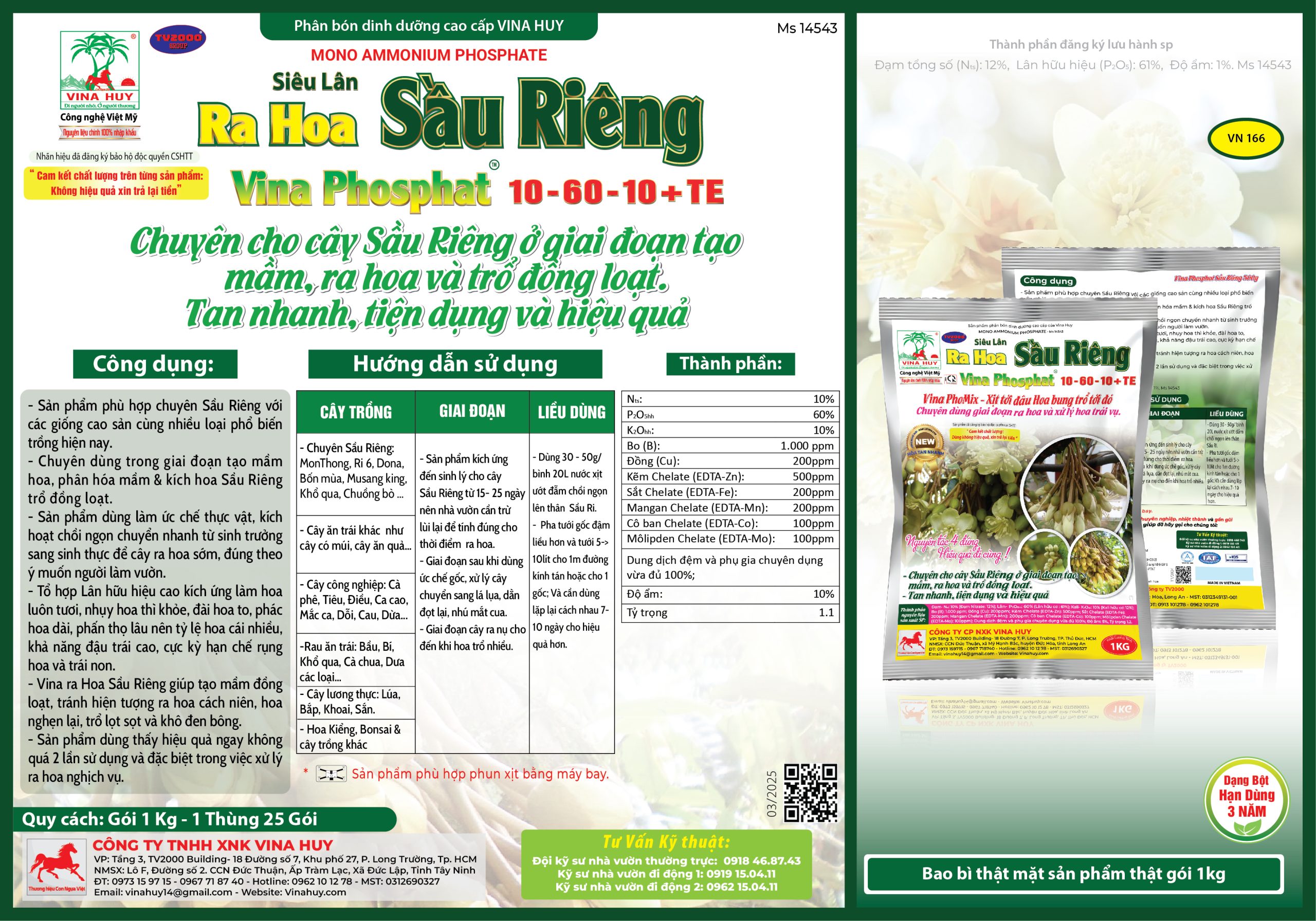 VINA PHOSPHAT 10-60-10 + TE – SIÊU LÂN RA HOA SẦU RIÊNG